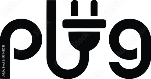 Plug logo with stylized lettering and electrical plug design