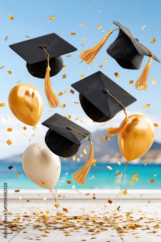 Fototapeta premium Graduation caps tossed in the air with gold tassels, balloons and confetti celebrating success by the sea