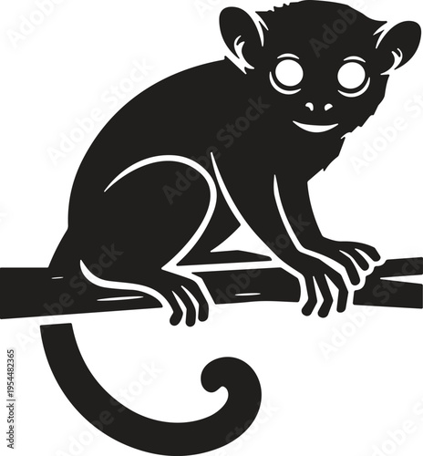 Tarsier monkey silhouette vector illustration, cute nocturnal primate sitting on tree branch with big eyes, wildlife animal icon for nature, jungle and mascot design