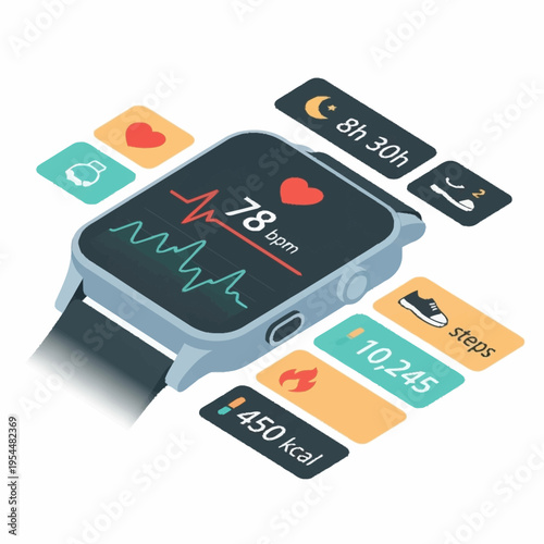 Isometric smartwatch displaying health metrics, including heart rate, steps, sleep duration, and calories burned.