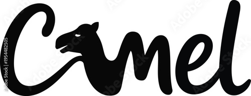 A black and white image of a camel logo