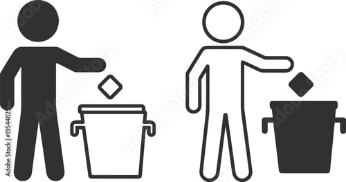 Throw trash in bin icon set vector illustration waste disposal symbol person putting garbage into trash can recycling cleanliness hygiene concept