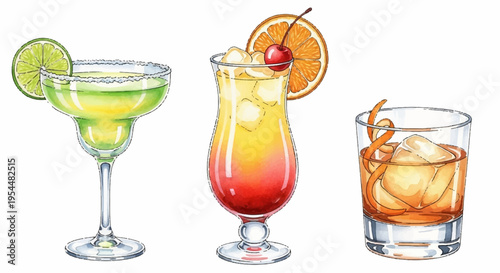 Three colorful cocktails with lime orange and cherry garnishes on a white background