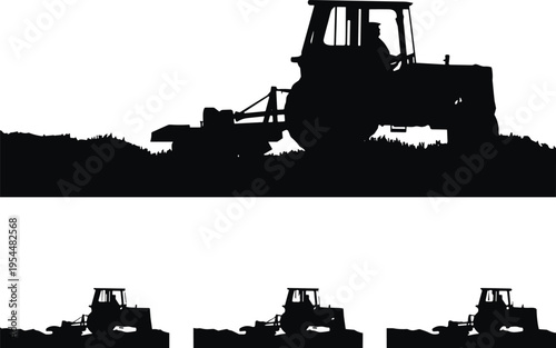 Tractor silhouette working on farm field, agriculture machinery with farmer driving vehicle, rural farming equipment illustration isolated on white background, agricultural industry concept