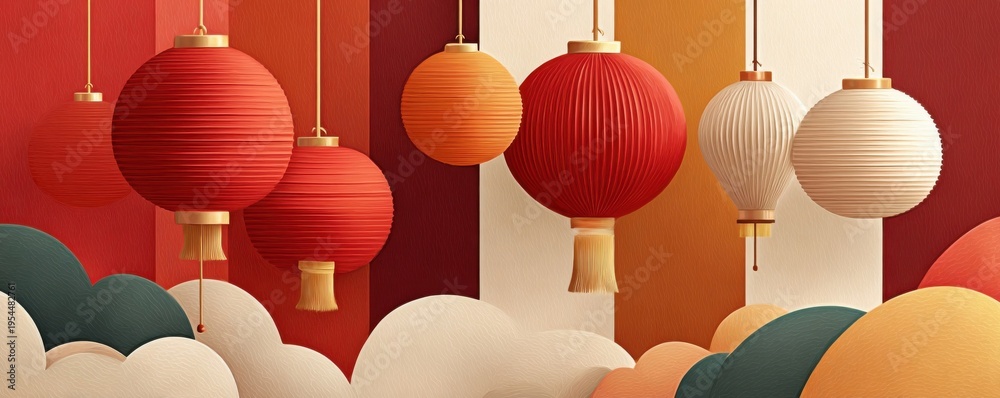 Fototapeta premium Happy New Year background with traditional Chinese lanterns and festive paper art clouds