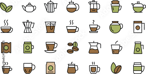 Vector Icons Set of Coffee and Tea Equipment, Cups, and Beans for Beverage, Café, and Kitchen Designs