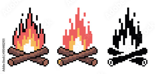 Pixel Campfire Flames Vector Illustration Set