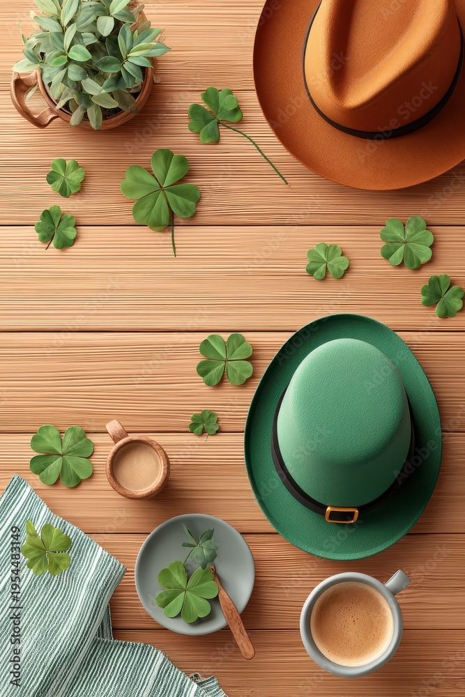 Obraz premium St. Patrick's Day tabletop scene with green leprechaun hat, clovers and coffee on wood