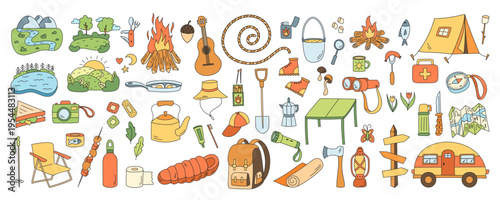 Camp equipment outdoor adventure doodle icon collection with tent and backpack in color. Hiking gear and camp items in a playful cartoon graphic style, perfect for outdoor trip or expedition,