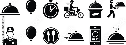 Vector Icons Set for Food Delivery, Service, and Catering with Timer, Moto, and Mobile App Designs