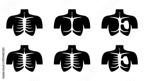 Anatomical illustration of human rib cages in varying perspectives and poses