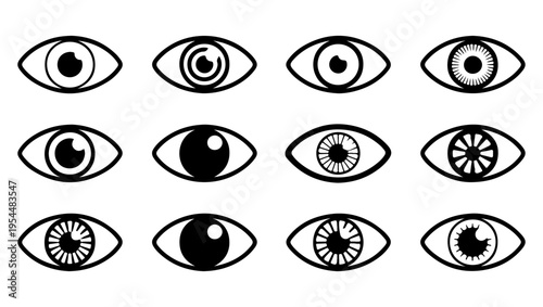 A collection of stylized black and white eye illustrations with varied pupils