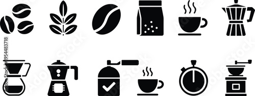 Vector Icons Set for Coffee, Beans, Brewing, and Espresso Equipment for Food, Beverage, and Kitchen Designs