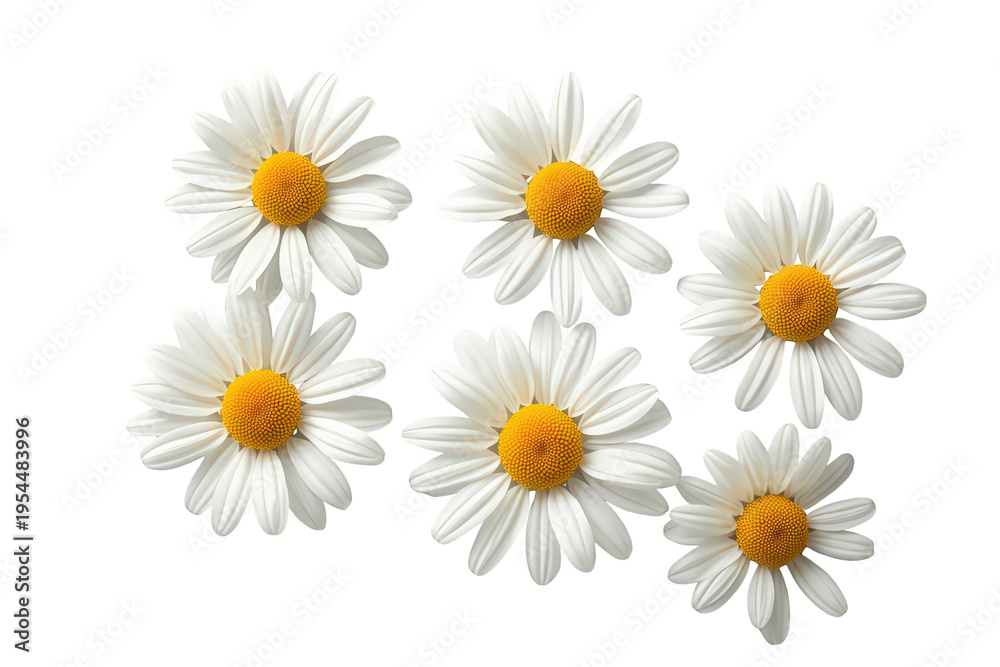 Fototapeta premium Fresh daisies with white petals and yellow centers, blooming flowers on a transparent background