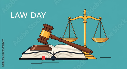 Law day illustration with gavel scales of justice and open book on teal background symbolizing legal judgment and knowledge