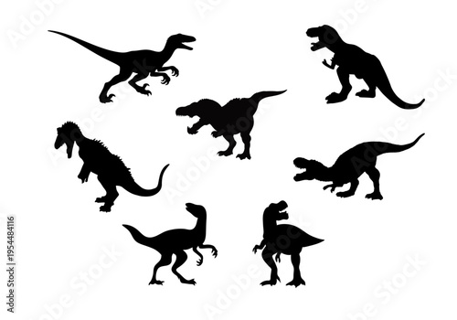 Various dinosaur silhouettes including T Rex and raptor, prehistoric vector set isolated on white background.