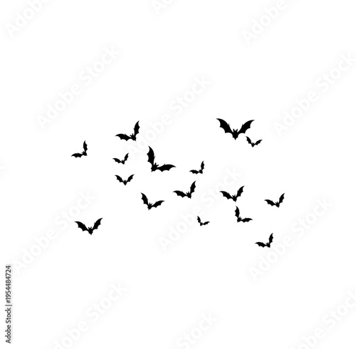 Flying bat silhouettes in different sizes, perfect for Halloween and spooky themes, isolated on white background.