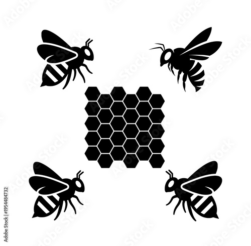 Honeycomb and Bee Silhouette Composition Isolated on White Background