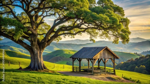 Traditional timber structure situated beside a majestic oak tree against a backdrop of rolling hills and lush vegetation, cades cove, Tennessee countryside