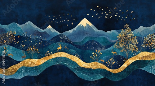 Dark blue christmas forest mural with gold waves deer and mountain scene