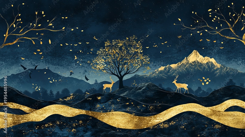 Obraz premium Dark blue christmas forest mural with gold waves deer and mountain scene