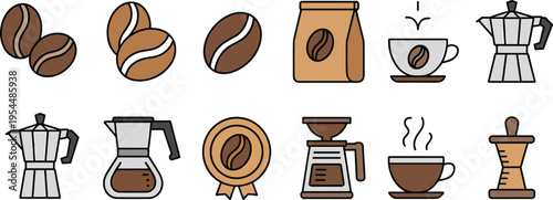 Vector Set of Coffee Icons Including Beans, Espresso Maker, Grinder, and Cup for Coffee Lovers and Cafes
