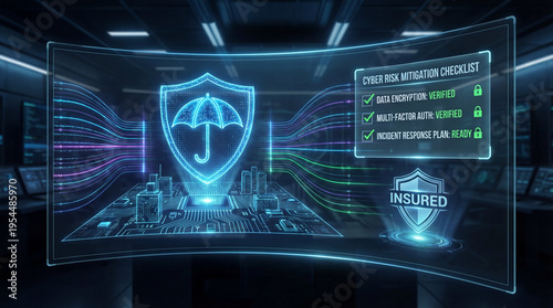 Cyber insurance policy checklist umbrella shield concept. Futuristic digital interface with safety measures displayed.