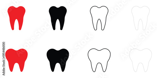 Tooth icon vector set, healthy enamel shine tooth symbol vector, silhouette and line art illustration