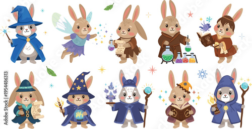 Cute Magic Bunny Characters Set with Wizard Costumes, Fantasy Rabbits Collection for Kids Design, Storybook Illustrations, Stickers, and Whimsical Cartoon Vector Art