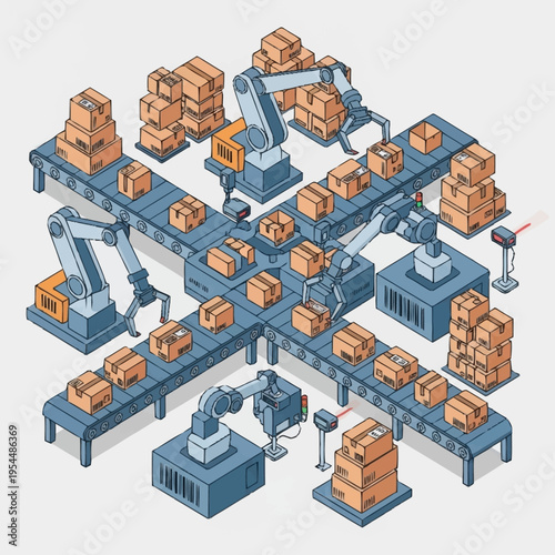Isometric illustration of a factory assembly line with robotic arms packing boxes.