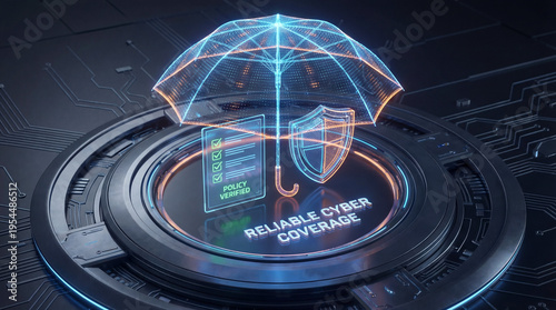 Cyber insurance policy checklist umbrella shield concept. Futuristic digital umbrella symbolizing cyber security protection.