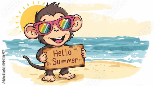 A cheerful cartoon monkey wearing oversized pink sunglasses with rainbow lenses, standing on a sunny beach and holding a 'hello summer' sign