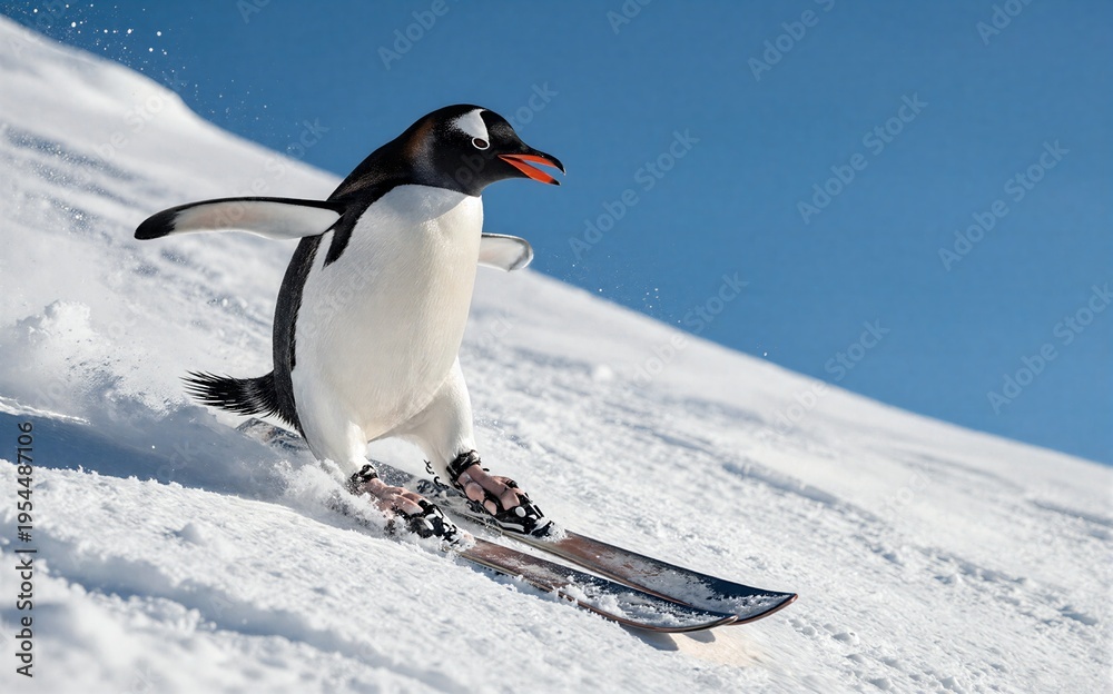 Fototapeta premium Adorable penguin skiing down snowy slope with joyful expression under