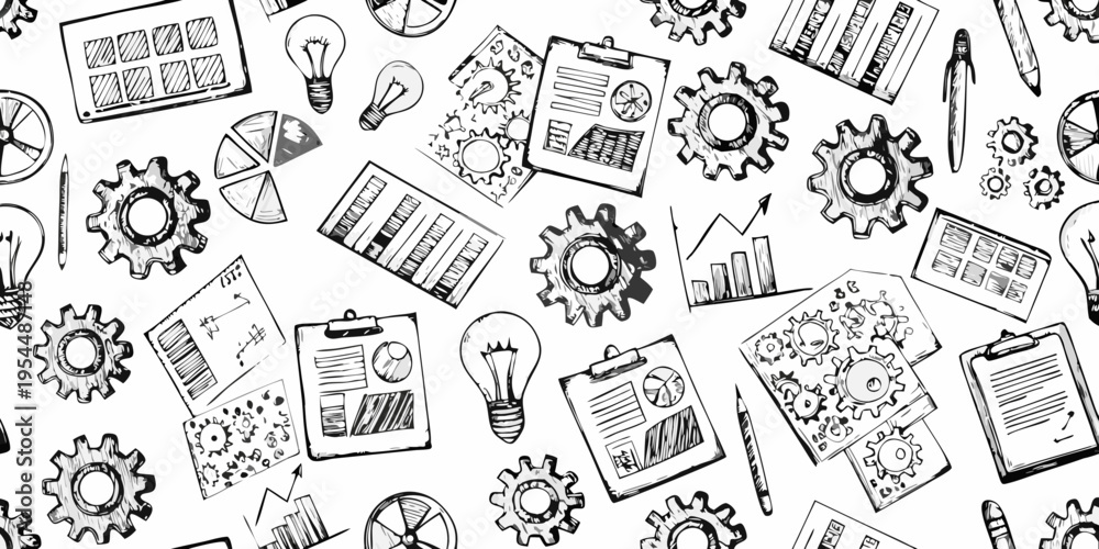 Obraz premium Hand drawn sketches of business ideas and technology fill a seamless pattern