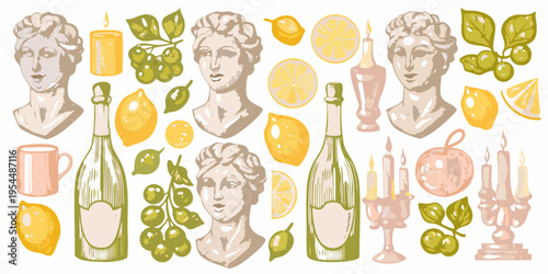 Classical busts citrus fruits and candles in a decorative arrangement