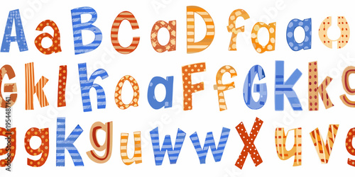 Colorful alphabet letters with varied patterns and textures displayed horizontally