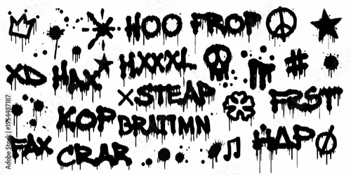 Black spray paint graffiti with various symbols and lettering