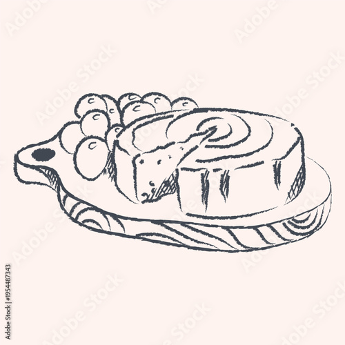 Hand drawn brie cheese wheel on wooden board with grapes. Charcoal style sketch vector illustration of camembert and fruit snack for wine bar menu or label.
