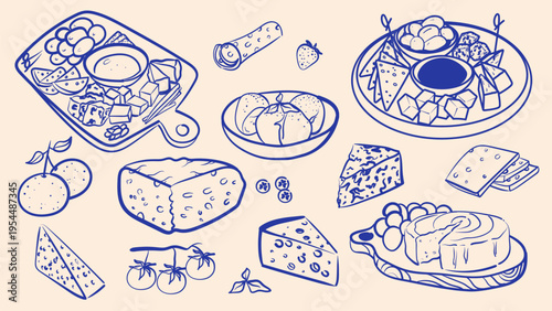 Hand drawn cheese set with various types of cheese, charcuterie boards, grapes and tomatoes. Blue ink line art vector illustration of dairy products and snacks for menu design.
