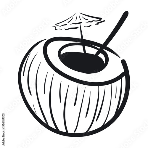 Hand drawn coconut cocktail with umbrella and straw vector illustration. Black ink line art sketch of tropical drink isolated on white background for beach bar menu.