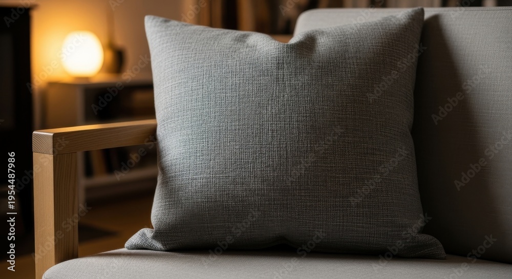Fototapeta premium A textured grey linen cushion with a subtle woven pattern resting indoors