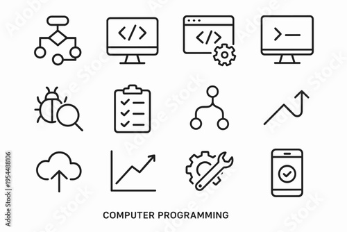 Programming Process Icons. Computer programming process. Line outline icon set of Computer programming process