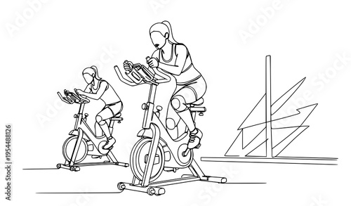 A minimalist line art illustration of two people exercising on stationary bikes