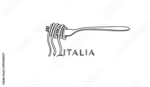 A minimalist vector graphic of a fork wrapped with spaghetti and the word Italia