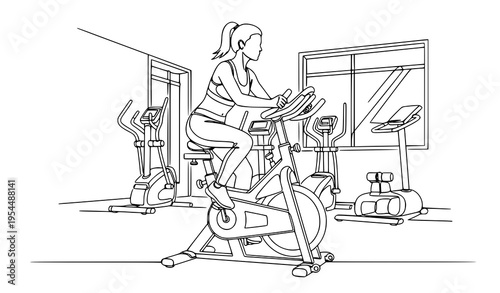 A woman exercises on a stationary bike in a modern gym
