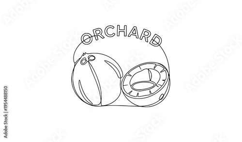 A minimalist line art illustration of a fruit and a pie crust with the word Orchard
