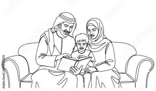 A minimalist line art illustration of a Middle Eastern family reading together