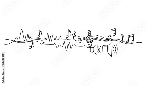 A minimalist vector graphic illustration of music symbols and sound waves