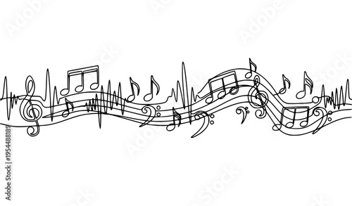 A minimalist vector graphic illustration of musical notes and symbols