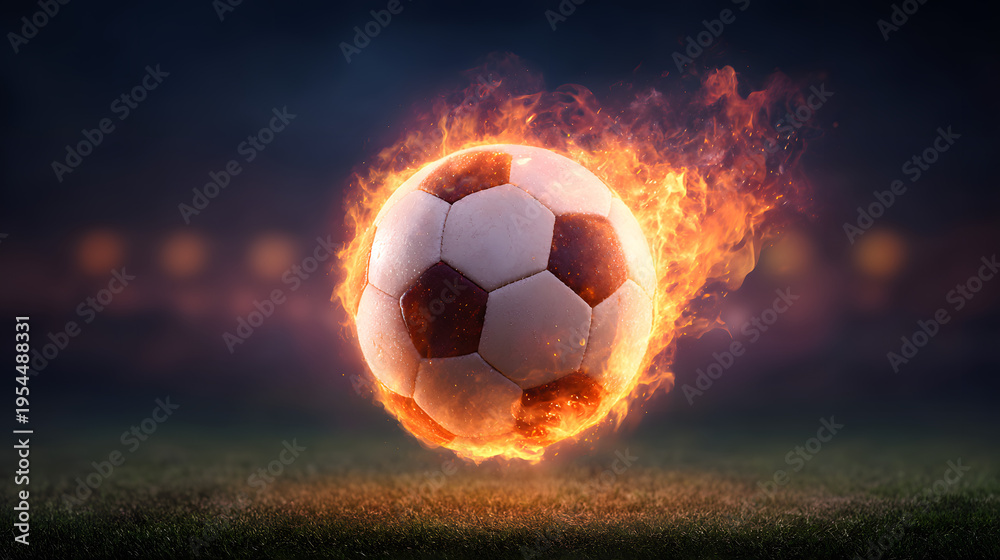 Fototapeta premium Soccer ball on fire with flames dynamic sports action concept football energy power and competition background